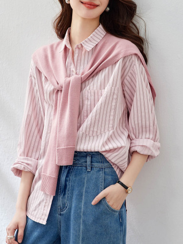 Cotton Boll Knitted Striped Sweater for Women Long Sleeve 2025 Autumn New Fashion Upgraded Pink Collar Blouse
