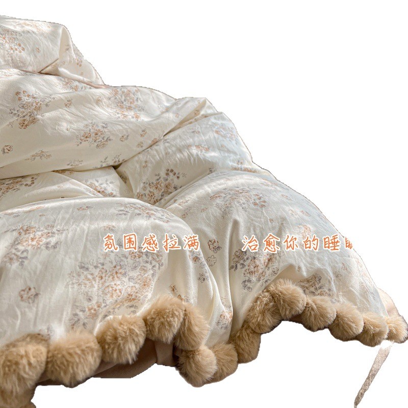 2026 nuevo juego de bola de lana de cuatro piezas de algodón antiguo estilo coreano francés encaje colcha de cama dormitorio tres piezas