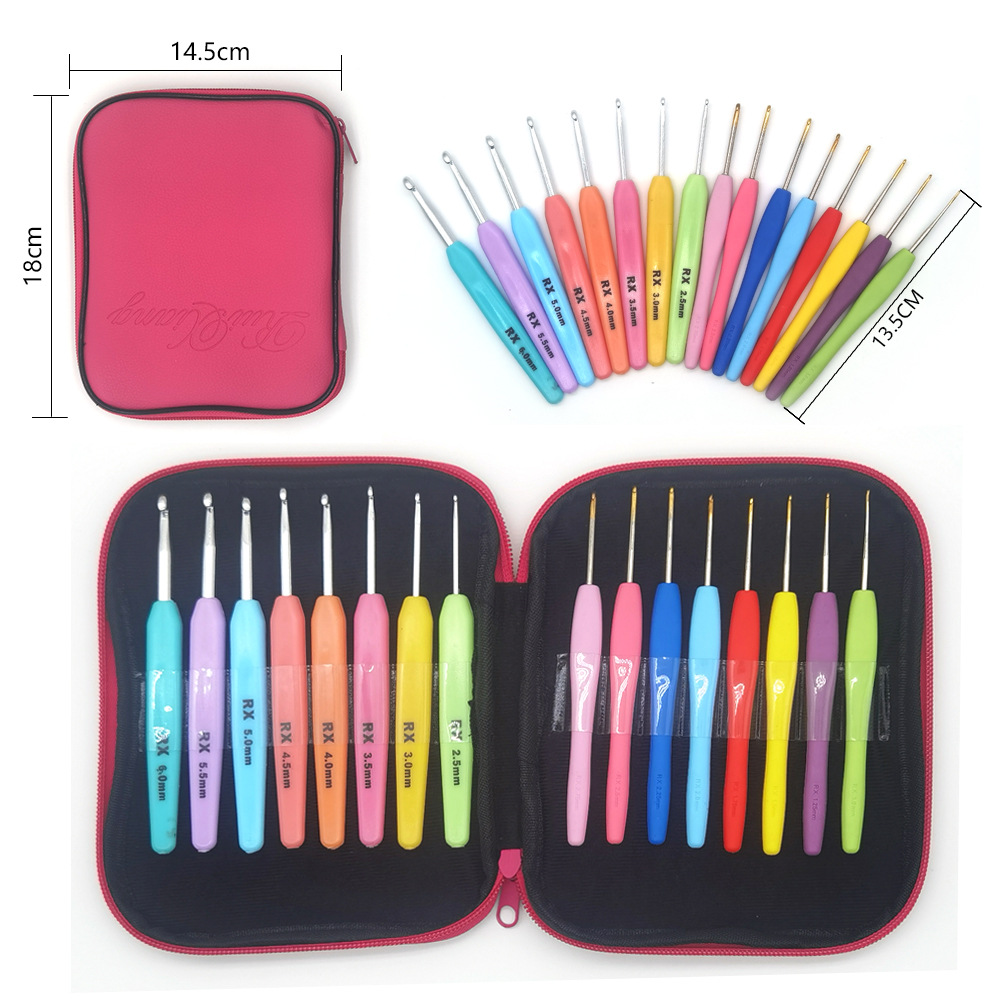 Herramientas de tejido, mango de plástico suave, conjunto de aguja de óxido de aluminio de aluminio, delgado a grueso, embalaje de 16 piezas de mango suave, PU