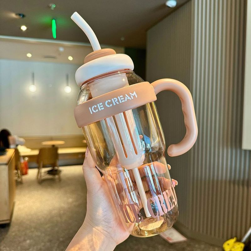 新款高颜值夏季塑料杯顿顿桶奶茶杯带吸管杯可爱手柄超大容量水壶|undefined