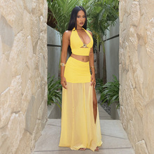 三湖连江D25ST083欧美女装挂脖绑带镂空上衣拼接雪纺半裙套装批发