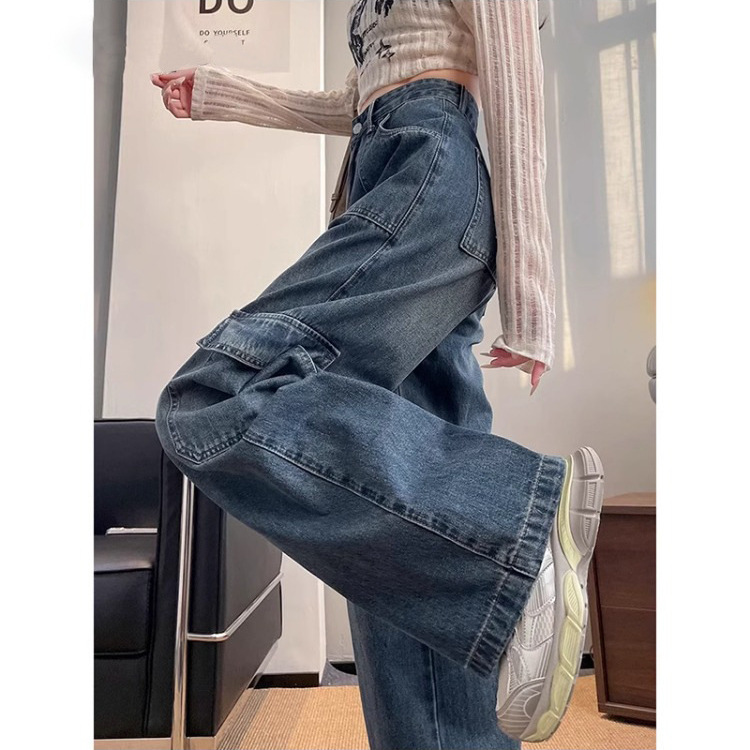 American Workwear Jeans for Women Spring and Autumn 2025 New High-Waisted Loose Casual Versatile Multi-Pocket Wide-Leg Long Pants
