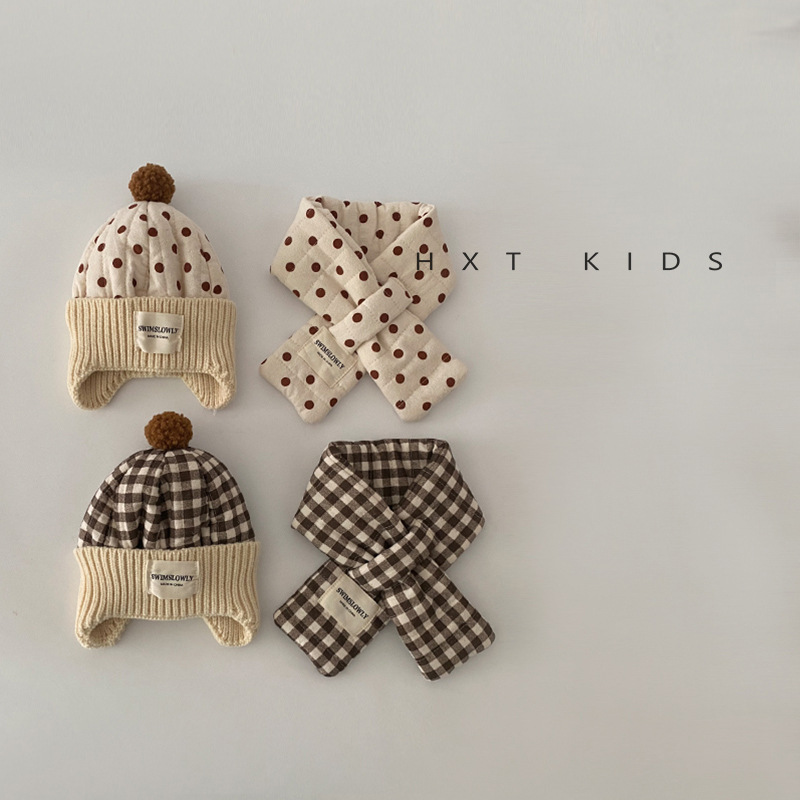 婴儿帽子围巾二件套秋冬季洋气波点条纹拼色护耳帽婴幼儿宝宝套装