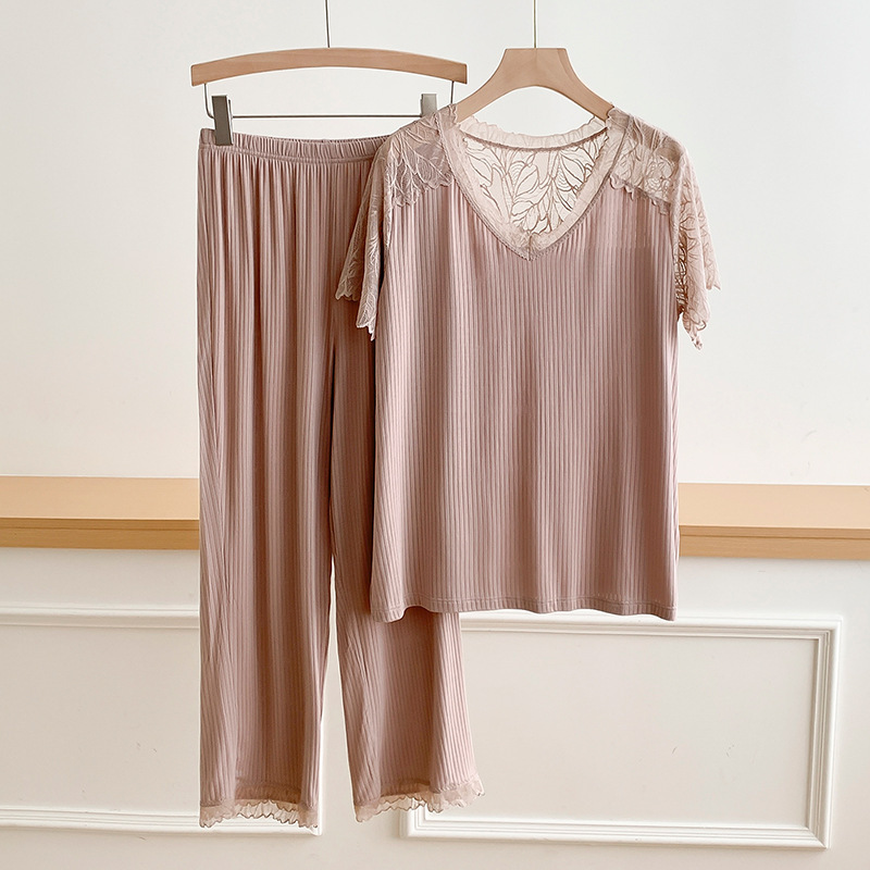 Customized Short-Sleeved Pajamas and Long Pants Two-Piece Set for Women, Lace-Trimmed Pajama Set, Thin Style Customized Short-Sleeved Pajamas and Long Pants Two-Piece Set for Women, Lace-Trimmed Pajama Set, Thin Style