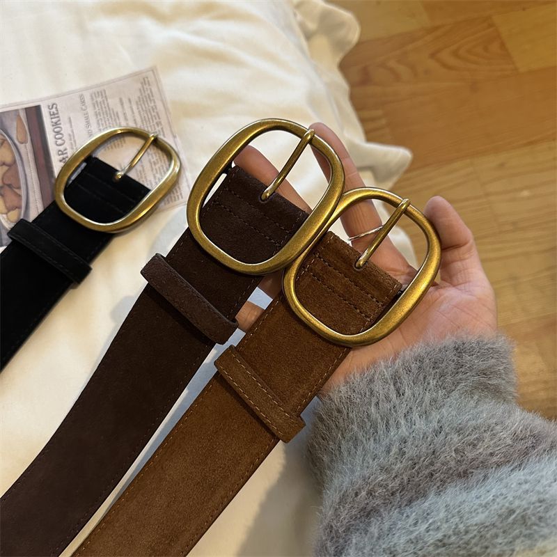 Wide Waist Belt For Coats Women's Retro Brown Gold Buckle Double Layer Cowhide Suede High-End Belt Autumn Winter New Arrival - Thumbnail 2