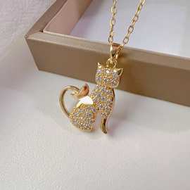 2025秋季新款高级质感铜微镶锆石猫咪项链  精致甜美钛钢链条项链