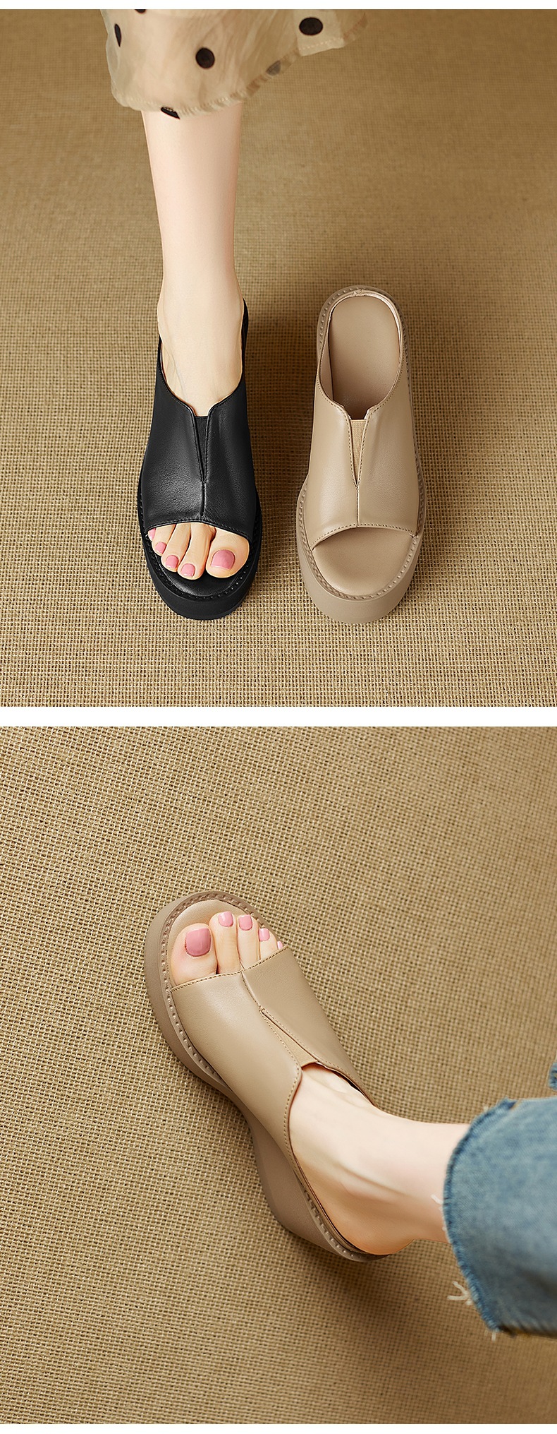 Dép sandal cao gót nữ mũi cá, đế xuồng dày, quai ngang, gót 8 cm — đen chi tiết 1