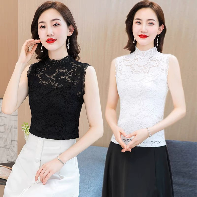 Кружевная полая рубашка без рукавов женская весна, лето и осень новый камзол жилет с высоким воротником, эластичная мода поддельный воротник