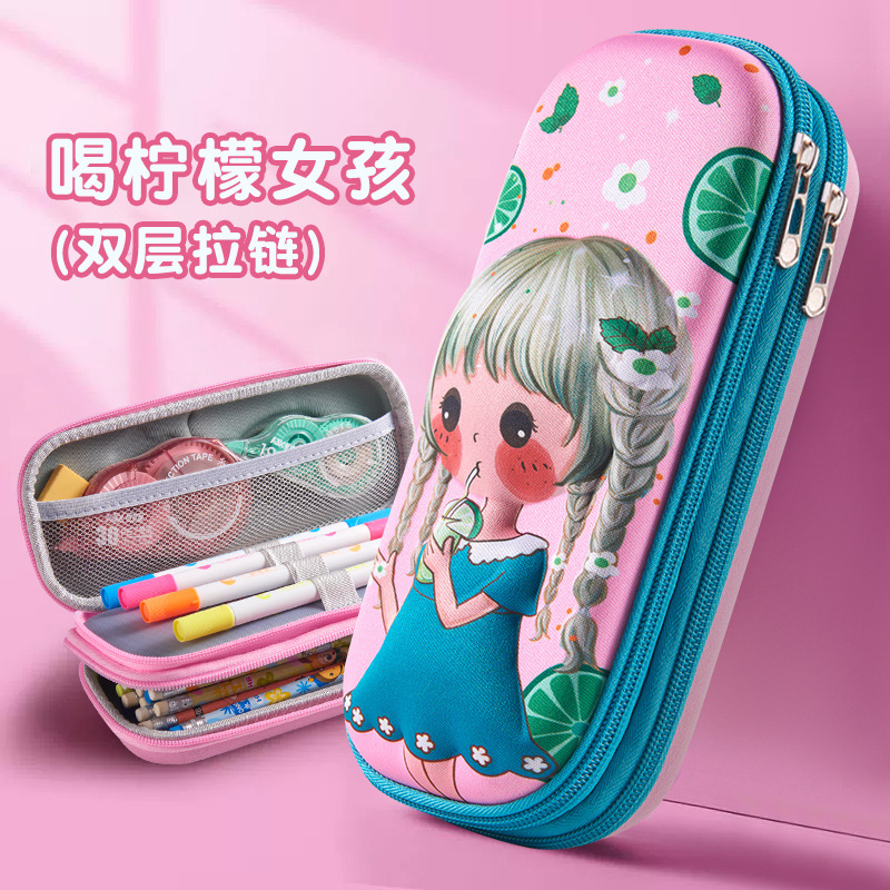 Nueva caja de lápiz de cremallera de doble capa para niños caja de papelería 3D para niños y niñas de gran capacidad de dibujos animados lindos bolsas de lápiz para estudiantes de primaria