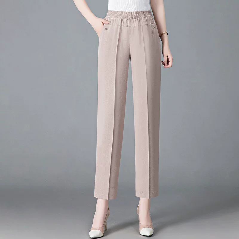 Мама брюки тонкие укороченные брюки среднего и пожилого возраста летнее платье с высокой талией свисают женские брюки свободные прямые брюки бабушки из ледяного шелка