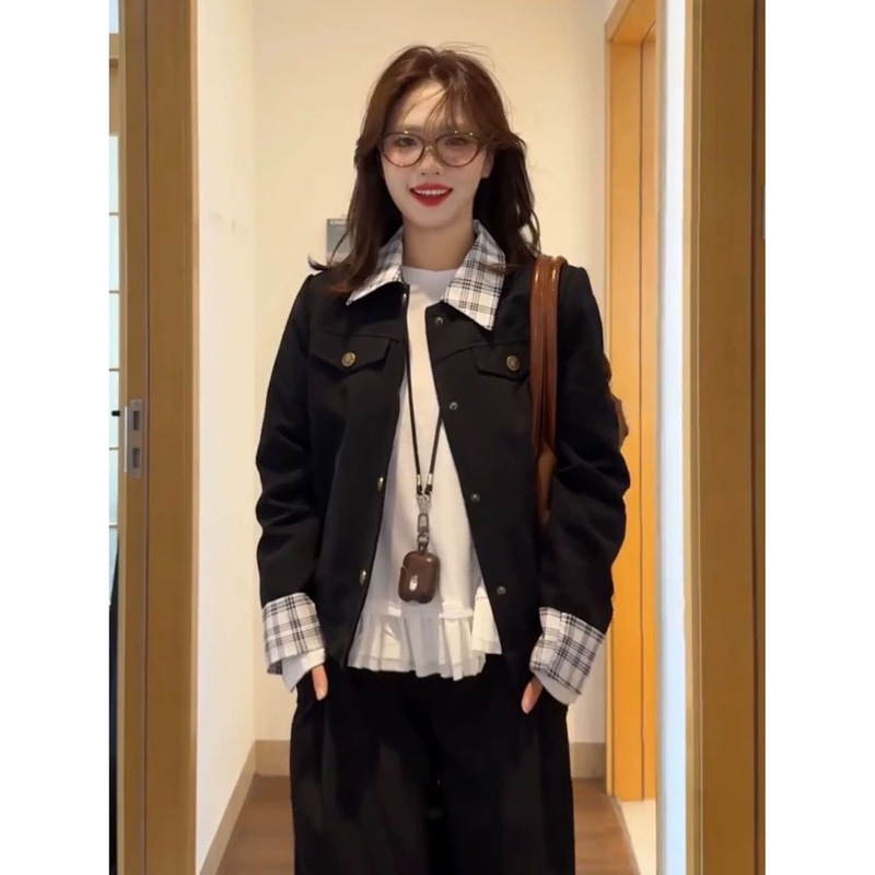 复古格纹拼接外套女秋季2025新款设计感休闲短款小个子夹克上衣潮|undefined