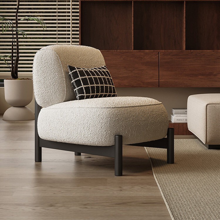 Cream-Colored Solid Wood Sofa Chair, Minimalist Lambswool Lazy Lounge Chair, Japanese-Style Small Apartment Leisure Sofa Seat
