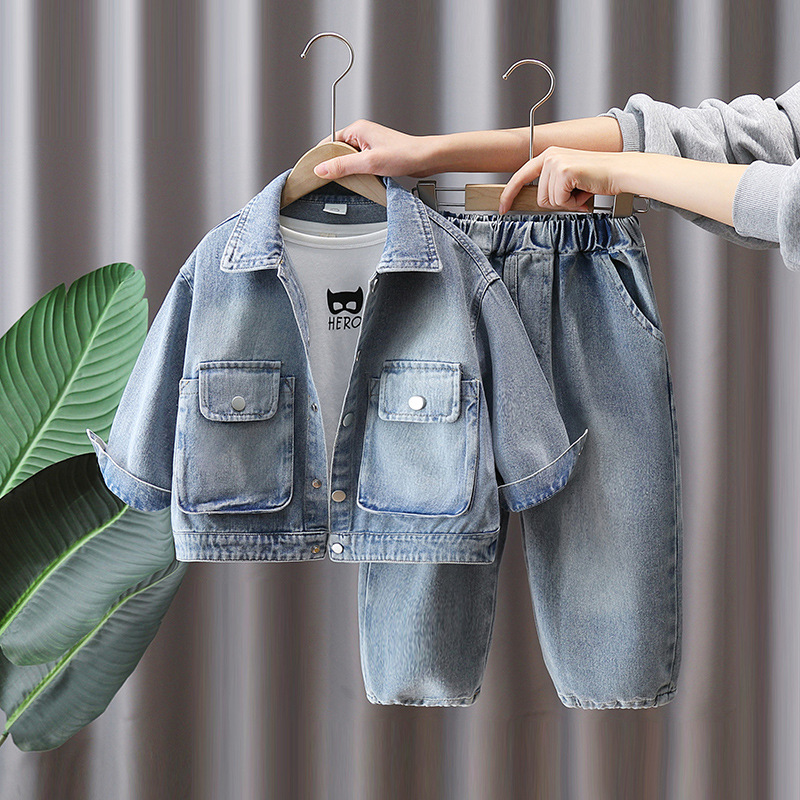 7097 traje de mezclilla para niños 2025 nuevo traje de dos piezas de primavera y otoño para niños guapos