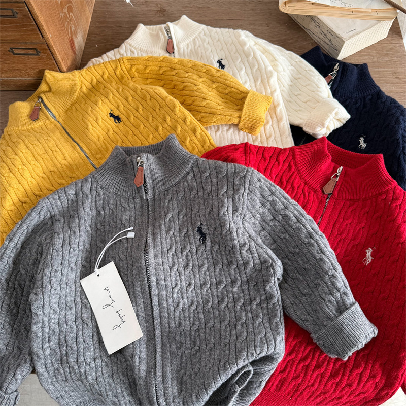 儿童毛衣2026眯眯眼春季新品男女童纯色绞花毛衣宝宝立领刺绣外套