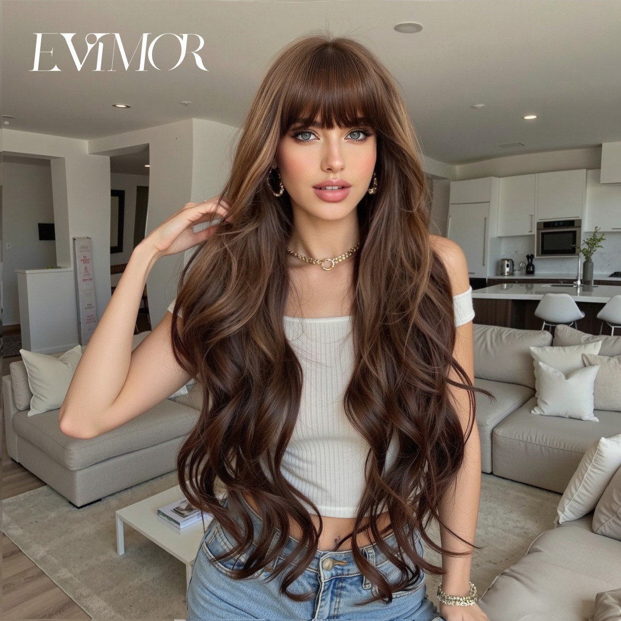 Comercio exterior europeo y americano Venta caliente peluca recta flequillo onda grande Pelo Rizado degradado marrón alta temperatura seda fibra química peluca cabeza cubierta