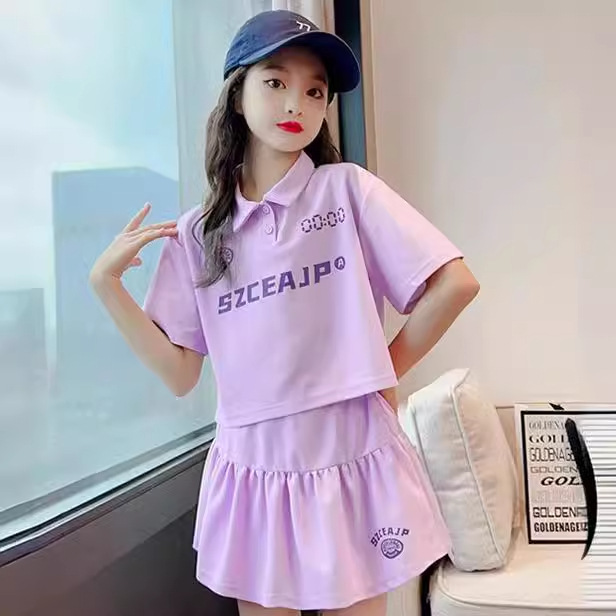 Ensemble d'été pour filles, manches moyennes et larges, haut à col polo, jupes courtes, vêtements de sport pour enfants, tennis, étudiants, femmes_voghion.com