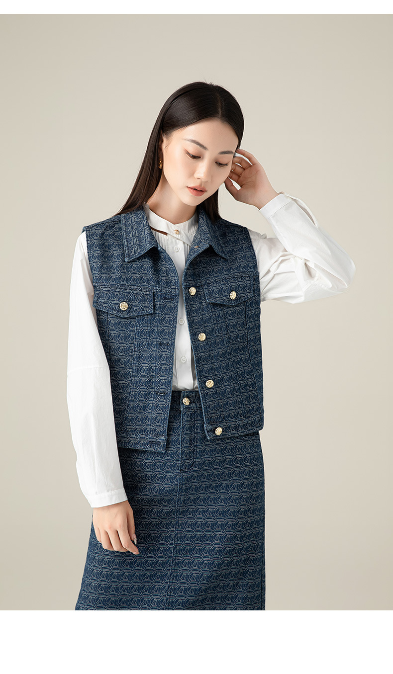 Bộ vest denim nữ gồm áo khoác blazer và chân váy midi, phong cách công sở xuân hè — Váy nửa 5609 màu xanh lam chi tiết 21
