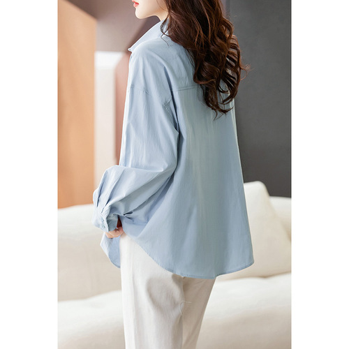 Women's Long-Sleeve Spring Loose Casual Medium-Length Blue Pure Cotton Shirt Blouse