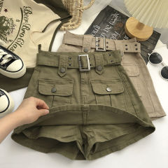 ベルト付きハイウエストデザインデニムスカートパンツ女性用2025夏韓国版多用途Aラインヒップカバーショートスカート