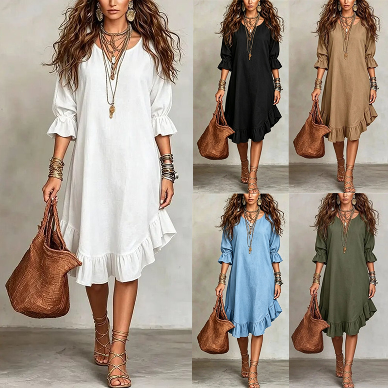 European and American Cross-Border Amazon Independent Site Woven Fabric Elegant V-Neck Mid-Sleeve Ruffle Hem Dress for Women European and American Cross-Border Amazon Independent Site Woven Fabric Elegant V-Neck Mid-Sleeve Ruffle Hem Dress for Women