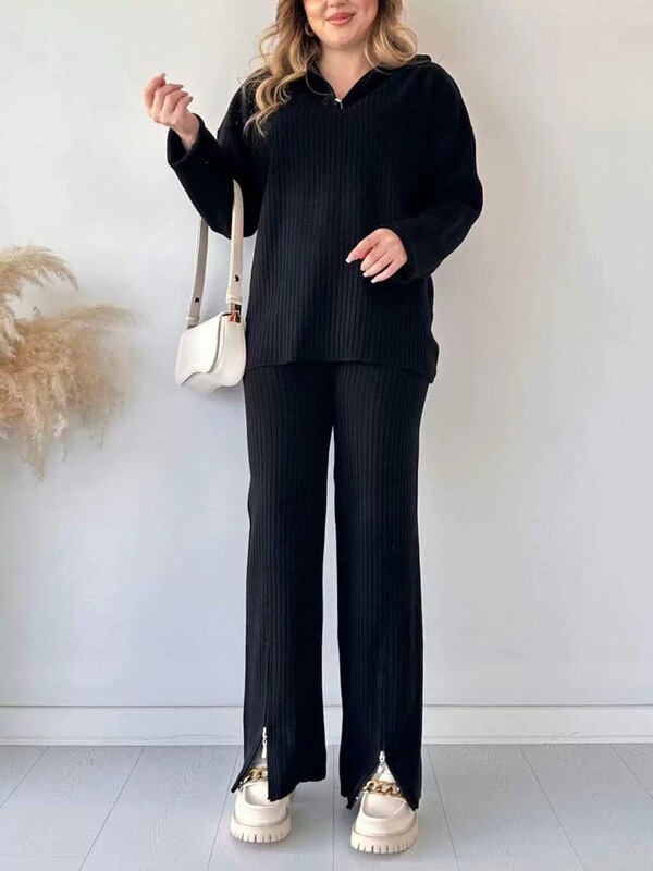 2025新款欧美秋季纯色套装高领坑条拉链针织家居服两件套跨境女装|undefined