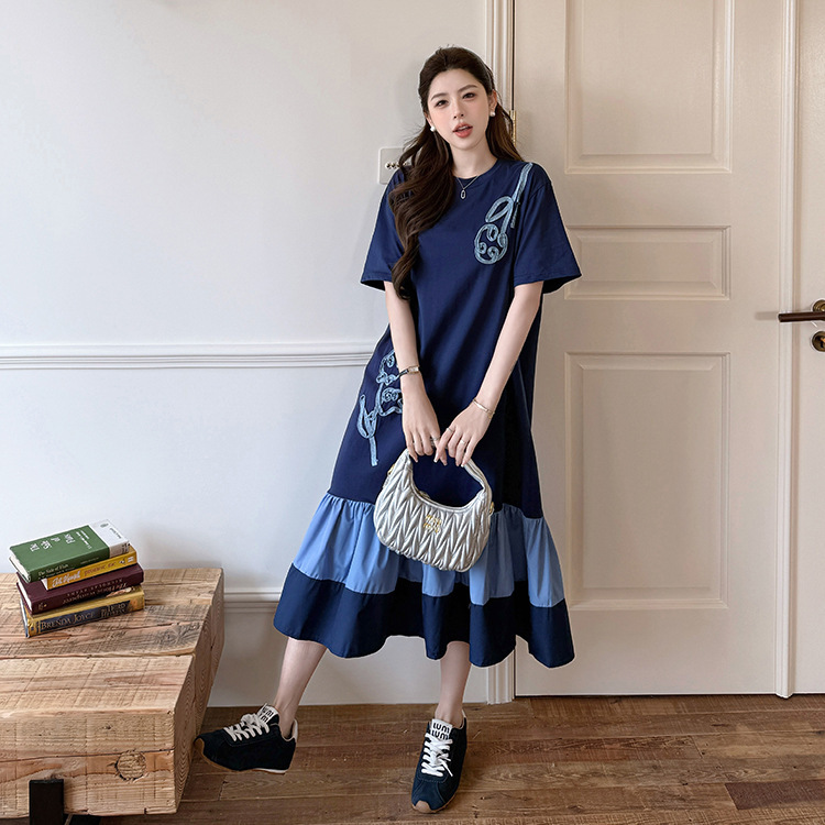 Cat-5015 Real Shot Summer New Style/Loose Fit Plus Size Slimming Patchwork Color Block Skirt Hem Rope Embroidery Short Sleeve Dress
