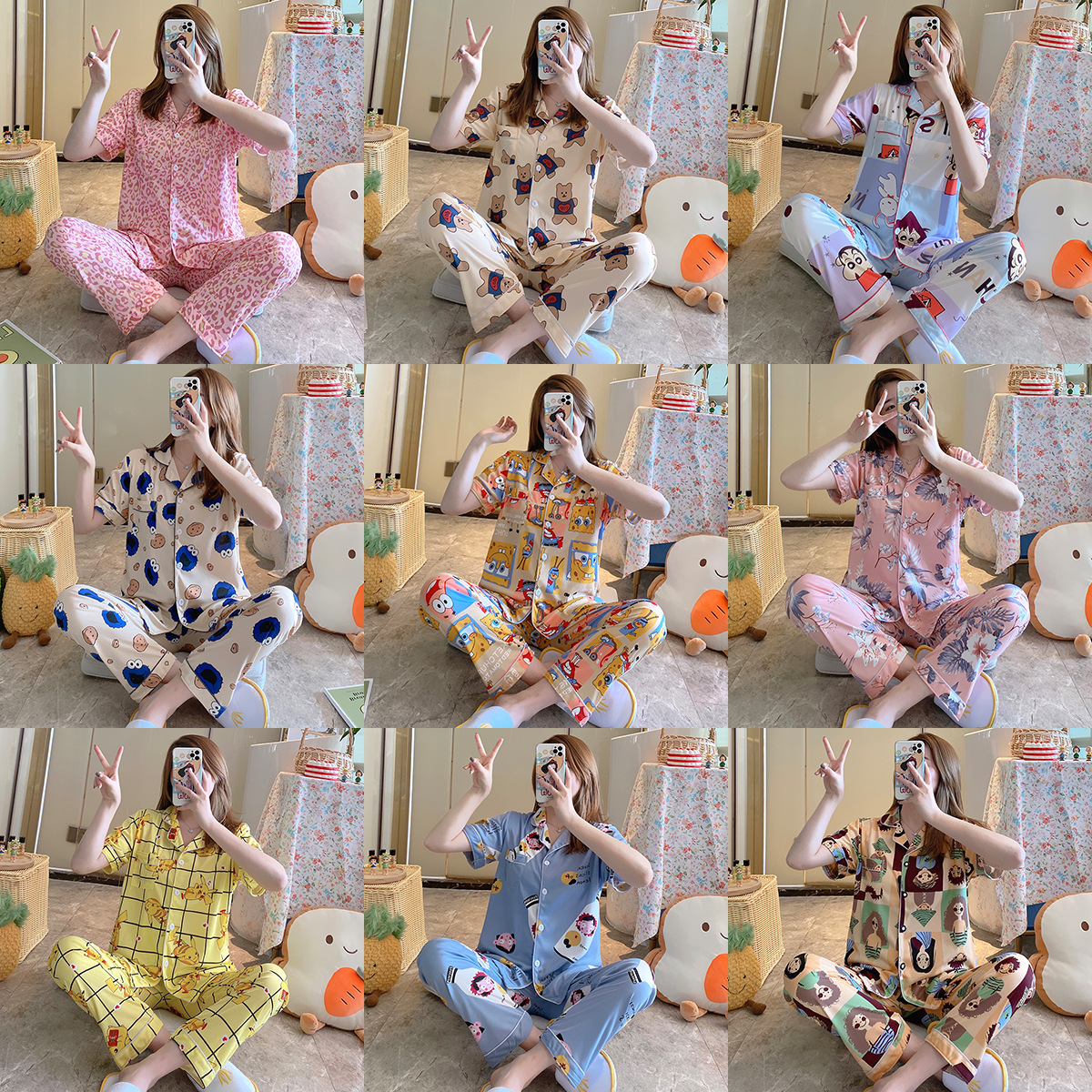 Spring and summer Short sleeved trousers pajamas girl lovely Cartoon Lapel Korean Edition Home Furnishings Foreign trade Cross border Thailand