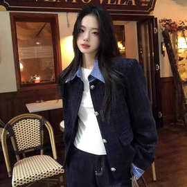 韩系假两件拼接翻领小香风外套女秋季新款宽松休闲短款夹克上衣潮