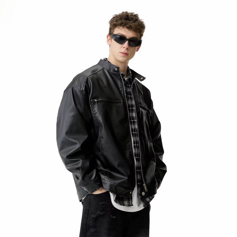 Maillard Retro Classy Pu Leather Jacket Men's 2025 Autum Loose Handsome Stand-Up Collar Leather Motorcycle Jacket