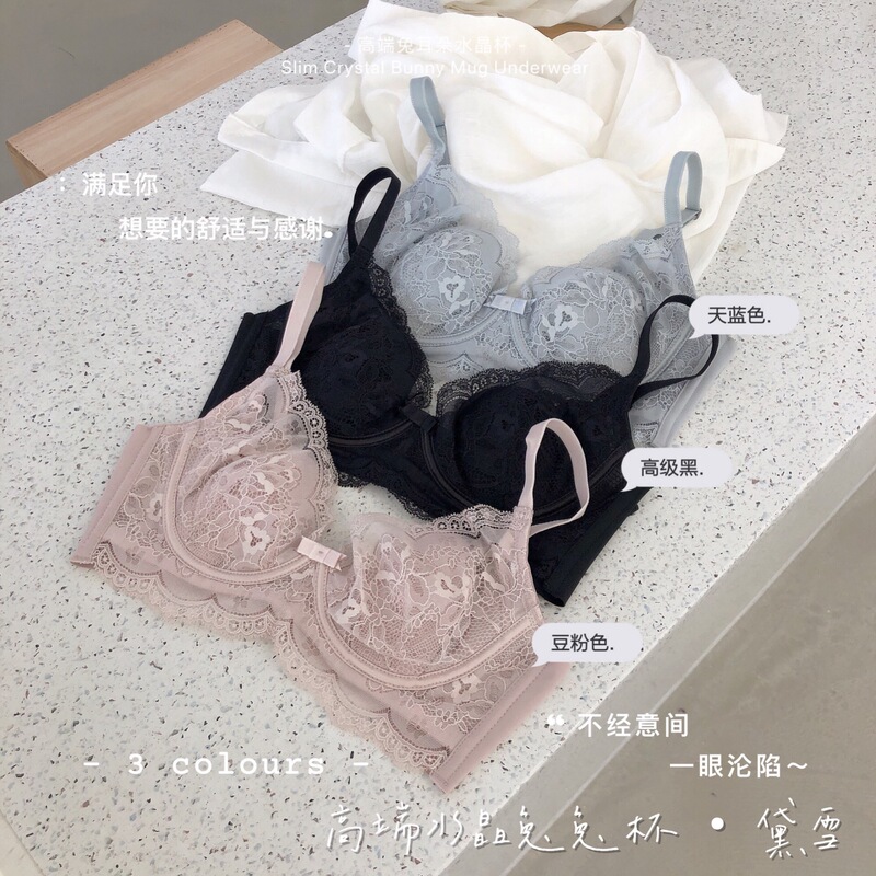 Beauty Salon Rabbit Ears Crystal Cup Underwear Women's Thin Big Chest Showing Small Soft Steel Rings Gathered Collecting Paramilia Lace Bra
