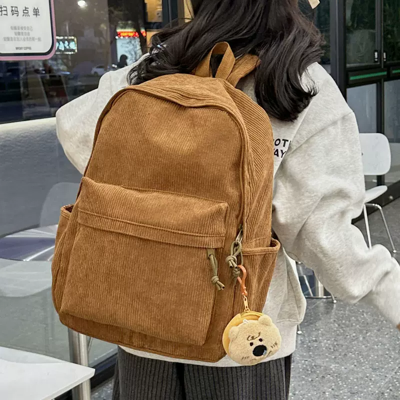 时尚新款灯芯条绒双肩包女学生文艺风女包百搭通勤书包简约大容量