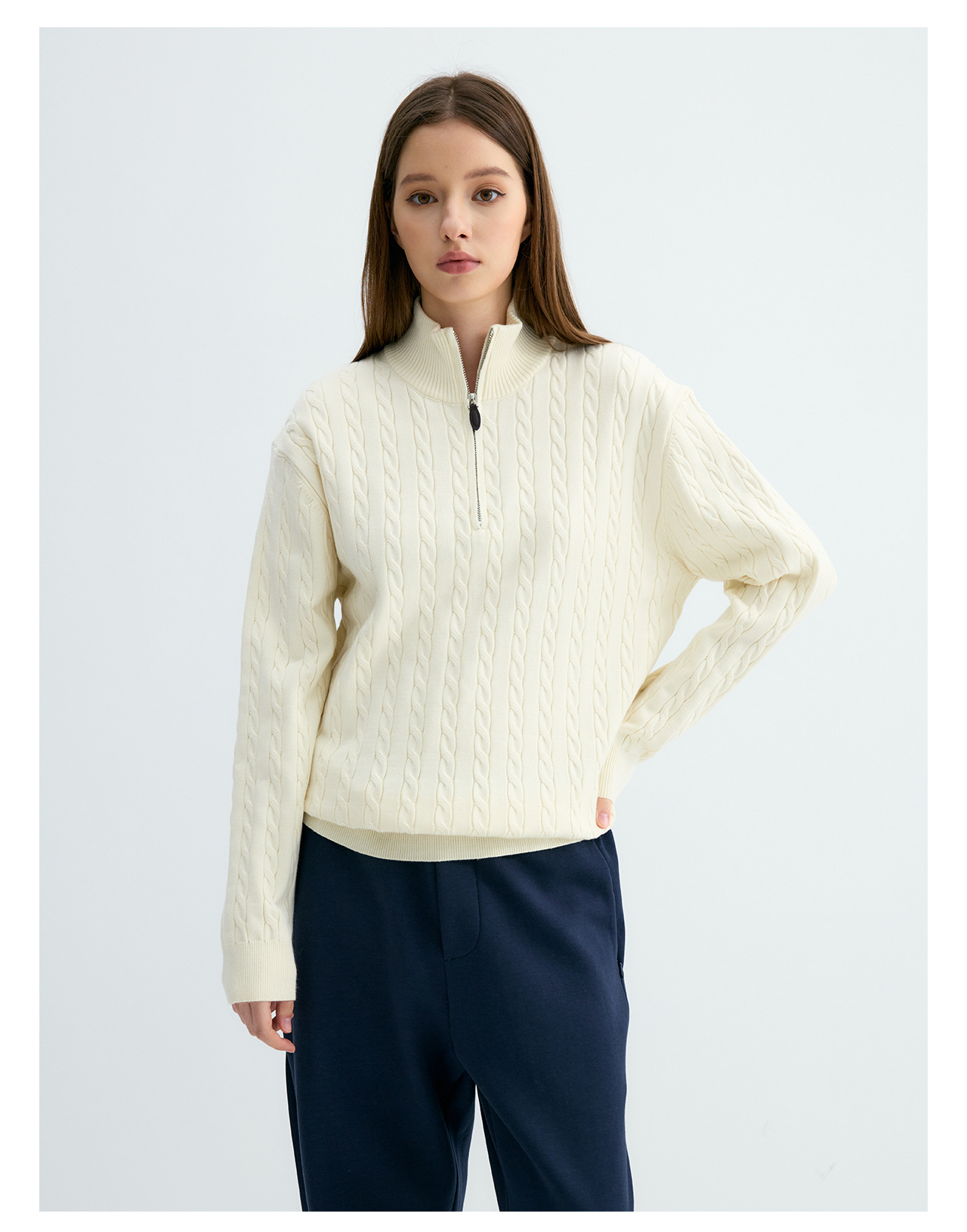 UNF 250g Half-Zip Cable-Knit Mock-Neck Sweater