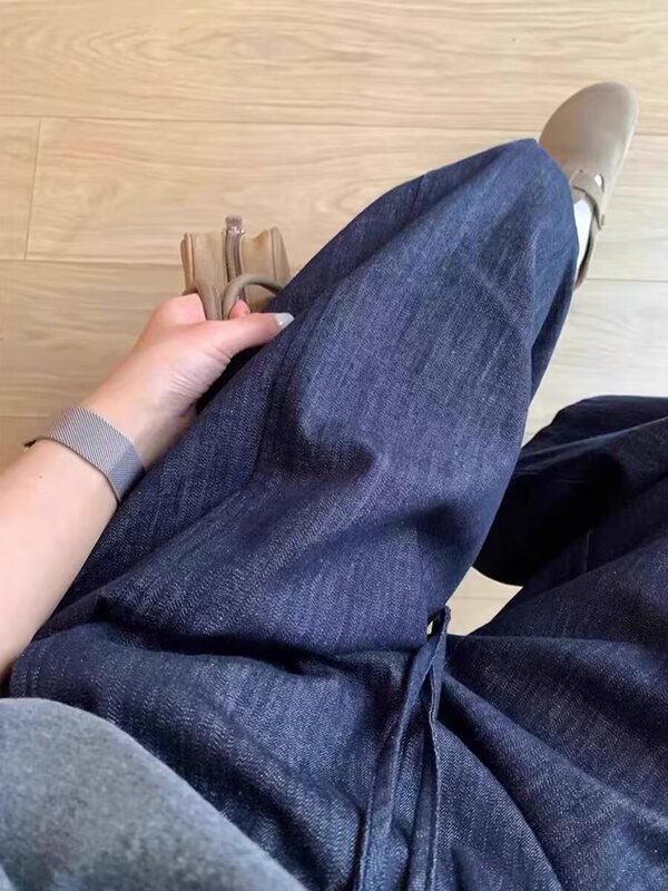 深蓝色天丝牛仔裤女夏薄款松紧腰抽绳阔腿裤小个子直筒九分休闲裤|undefined