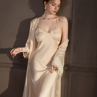 Sexy Pajamas Women's Ice Silk Summer Nightgown with Chest Pad Sling Nightgown Two-Piece Long Over-the-Knee Silk Home Clothes