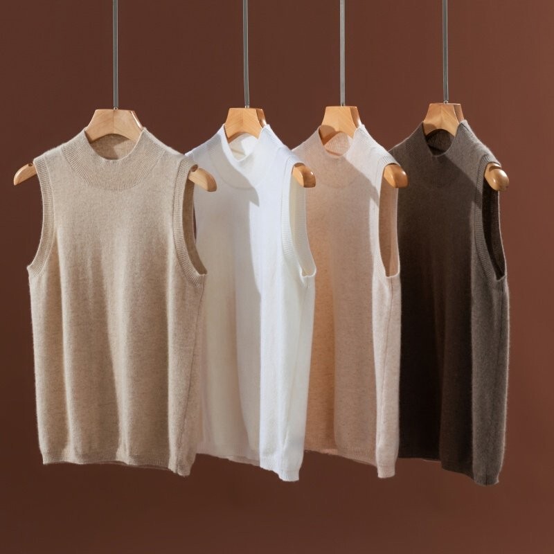 Autumn and Winter 100% Pure Cashmere Half-Turtleneck Knitted Vest for Women, Simple and Versatile Korean Style Sleeveless Sweater, Close-Fitting Base Layer Autumn and Winter 100% Pure Cashmere Half-Turtleneck Knitted Vest for Women, Simple and Versatile Korean Style Sleeveless Sweater, Close-Fitting Base Layer