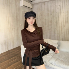 大码秋装新款胖mm大码女时尚设计感荡领飘带显瘦长袖上衣
