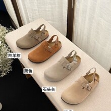 河南桑坡纯原勃肯包头半拖皮带扣松紧软木舒适慵懒拖鞋女款休闲鞋