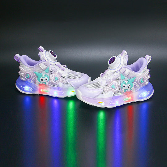 Girls' Running Shoes with Light Kulomi Cartoon Waterproof Leather Surface Breathable Non-slip Student Swivel Buckle sneaker
