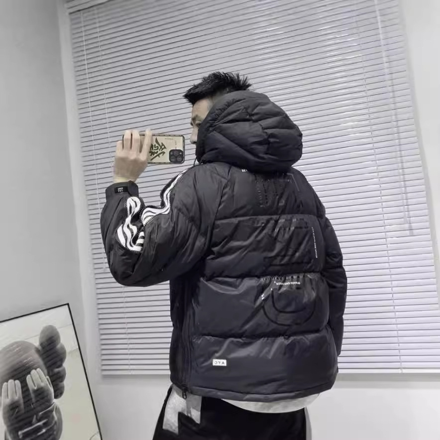 Invierno nuevo estilo cremallera ropa de trabajo abrigo de algodón acolchado de los hombres de moda con capucha abrigo corto de pareja mismo jersey abrigo de algodón acolchado