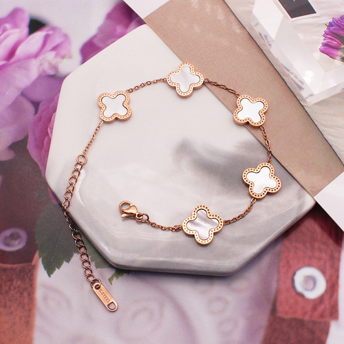 18k rose gold non-fading Internet celebrity fashion four-leaf clover titanium steel bracelet women's shell trendy personalized design hand jewelry