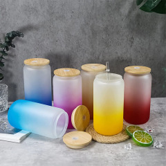 Sublimation glass with straw, bamboo lid, gradient frosted water cup, multiple specifications, Coke cup, cold drink can, Mason cup