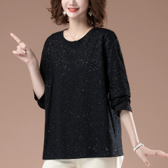 綿の長袖のtシャツの女性の春は太って大きいサイズの婦人服のtシャツをプラスします。