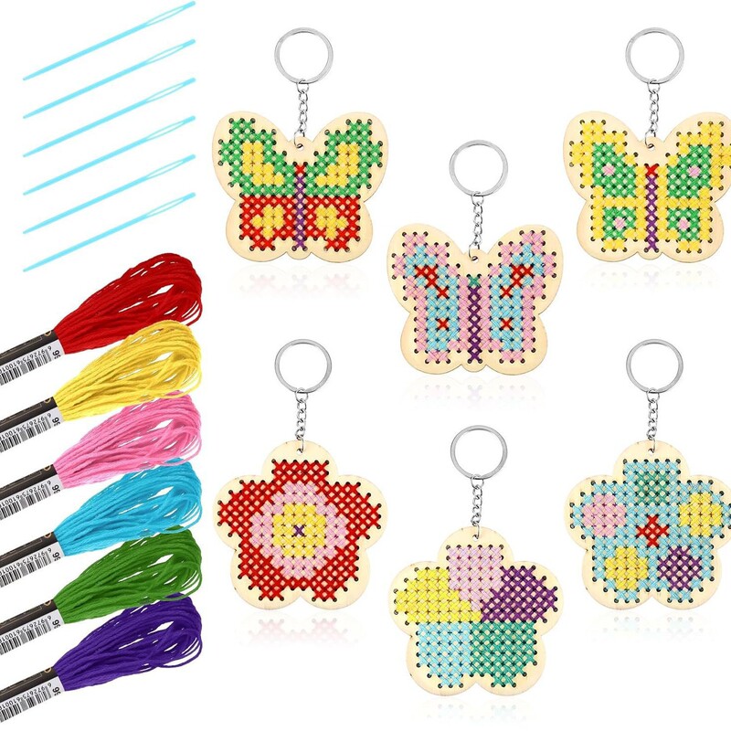 Amazon Wooden Cross Stitch Set for Children Cross Stitch Tag DIY Bookmark Keychain Butterfly Flower Pendant