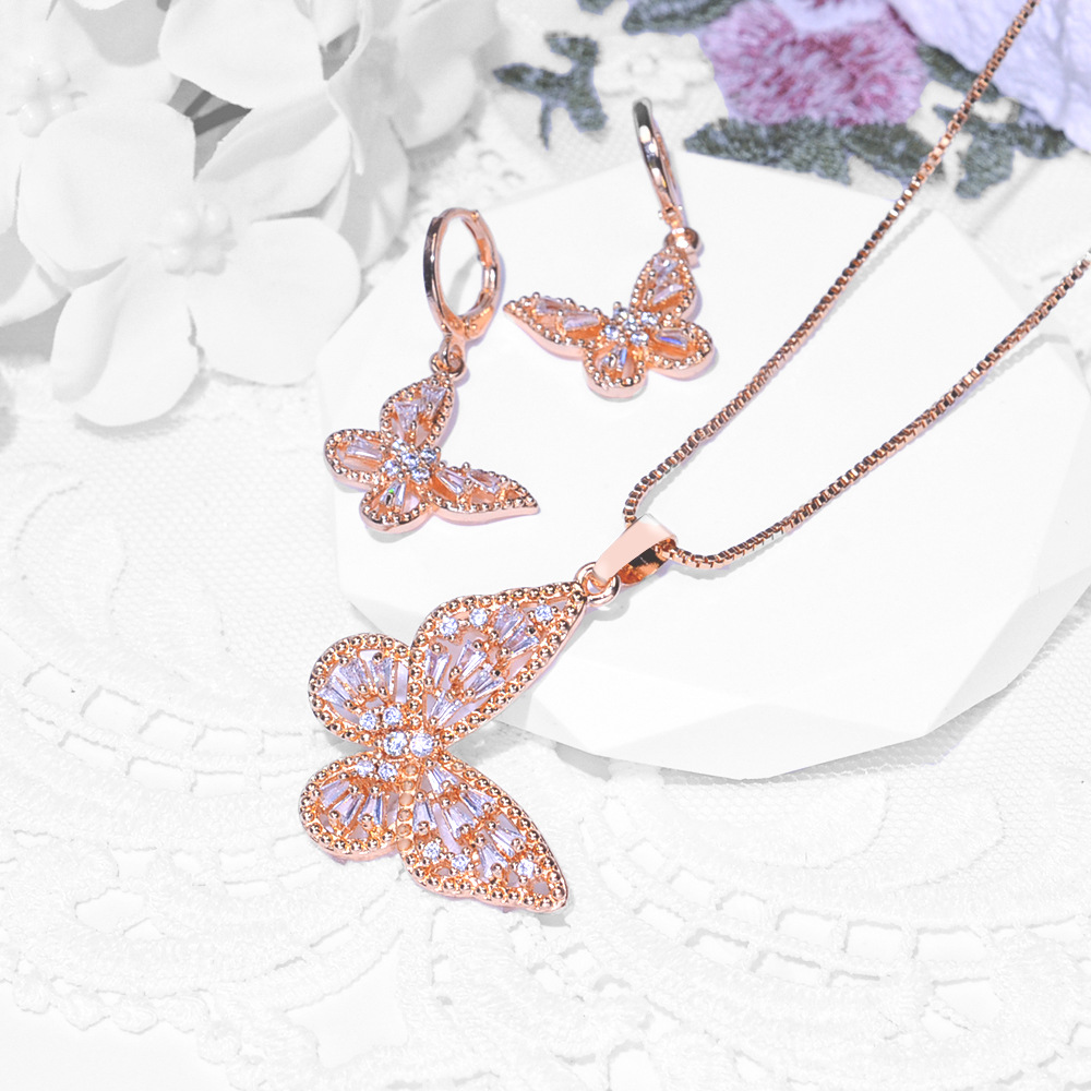 2026 nuevo diseño de mariposa aretes de zircón de cobre collar conjunto de joyería aretes de mujer colgante hermosa joyería transfronteriza image 1