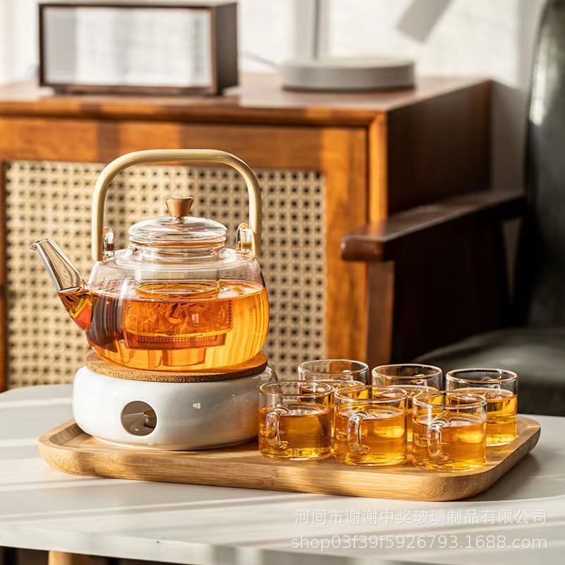 플랫 빔 주전자 + 6 컵 + 세라믹 차 스토브 + 대형 단단한 나무 차 트레이