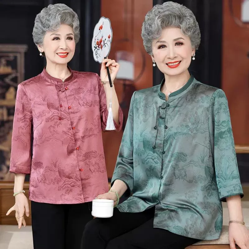 Женские весенне-летние рубашки в китайском стиле для пожилых людей, тонкая верхняя одежда бабушки, рубашки для мам среднего и пожилого возраста, одежда для пожилых дам.