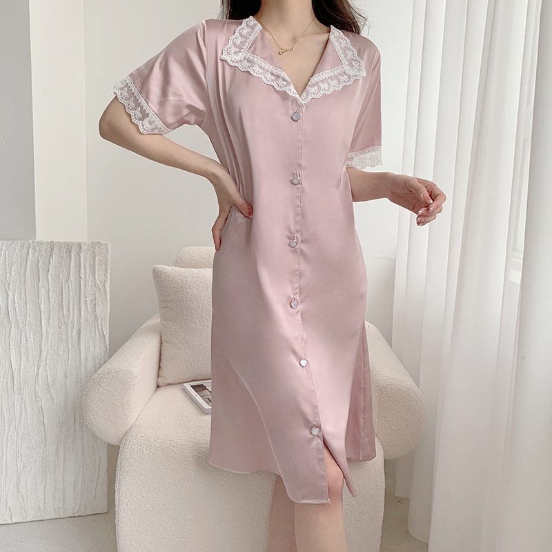 Camisón de verano de seda de hielo de la muchacha delgada de manga corta pijamas cardigan encaje sexy dulce vestido de casa