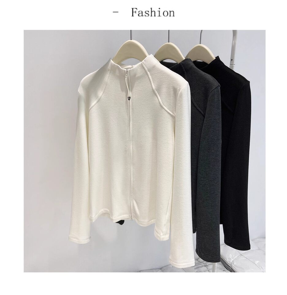 Áo khoác cardigan nữ dáng ôm cổ lọ nửa, khóa kéo đôi, tay dài, chất nhung Đức dày — màu xám đậm, màu đen, quả mơ chi tiết 2