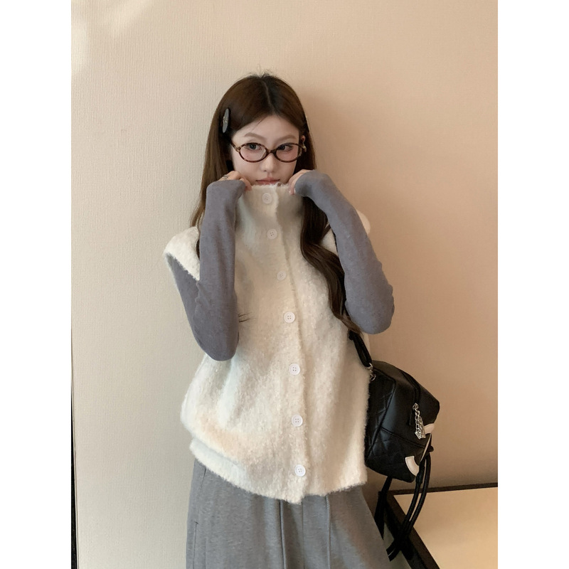 Korean Style Layered High-Neck Knitted Vest Jacket for Women in Autumn and Winter, Soft Waxy Sweater Vest, Super Nice Top
