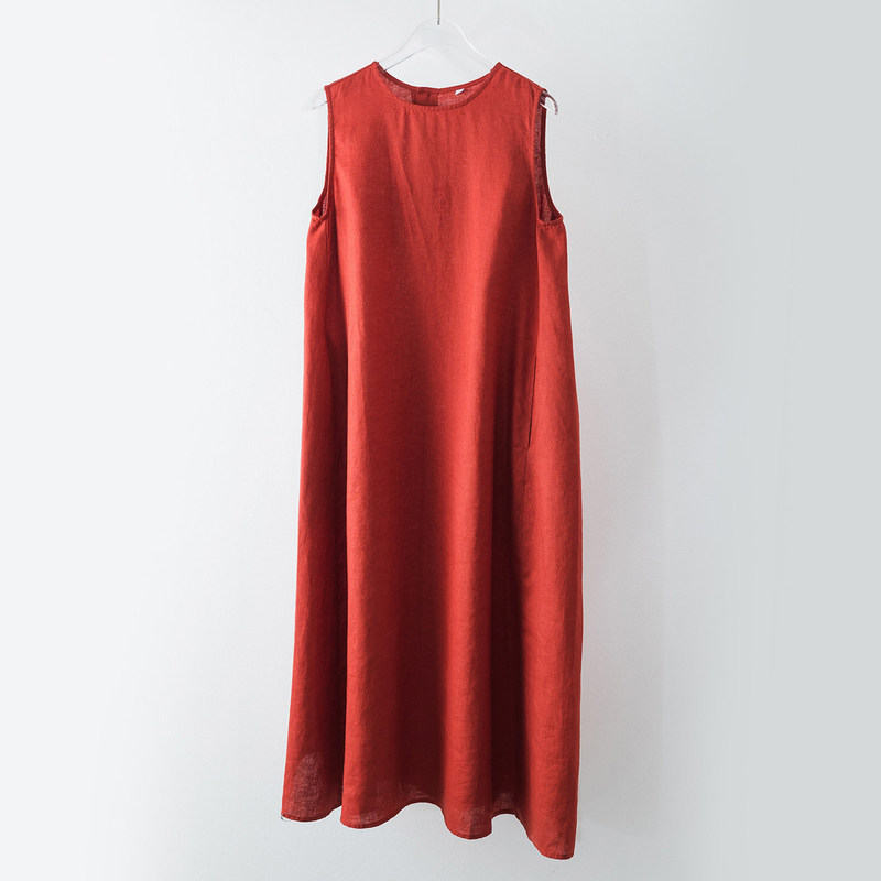 Stable Supply of Hemp Sleeveless Dresses, Simple and Slimming, Artistic Old Money Style, Round Neck A-Line Long Women's Dress 4041